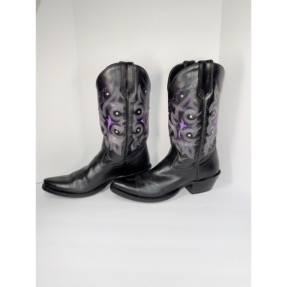 Gypsy Rose Western Boot Leather Cowboy Black Purple Studded Rhinestone Women 7.5 - Picture 3 of 16